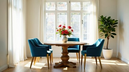 Sunlit Dining Room with Teal Chairs and Vibrant Flower Arrangement