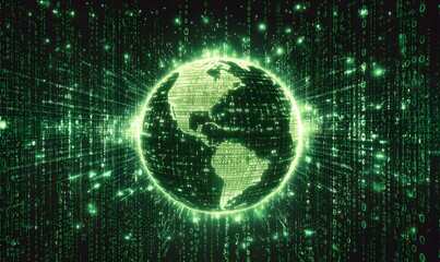 Obraz premium an artistic representation of the digital world with a glowing Earth at the center, and green digital lines surrounding it. It conveys a sense of technology, global connection.