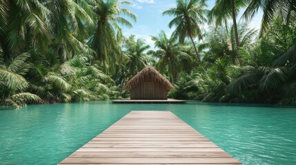 A serene tropical paradise featuring a wooden walkway leading to a quaint hut amid lush palm trees over crystal-clear water, evoking peace and tranquility.