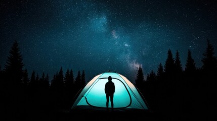 A silhouette of a person inside an illuminated tent under a starry night sky surrounded by trees, capturing a serene camping experience in the wilderness.