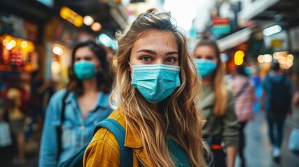 Young women in masks stroll bustling city market