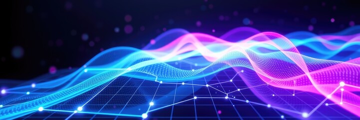 Abstract blue background with lines, Digital grid lines, wavy technology lines, Futuristic Neon Light Waves on Digital Grid Background