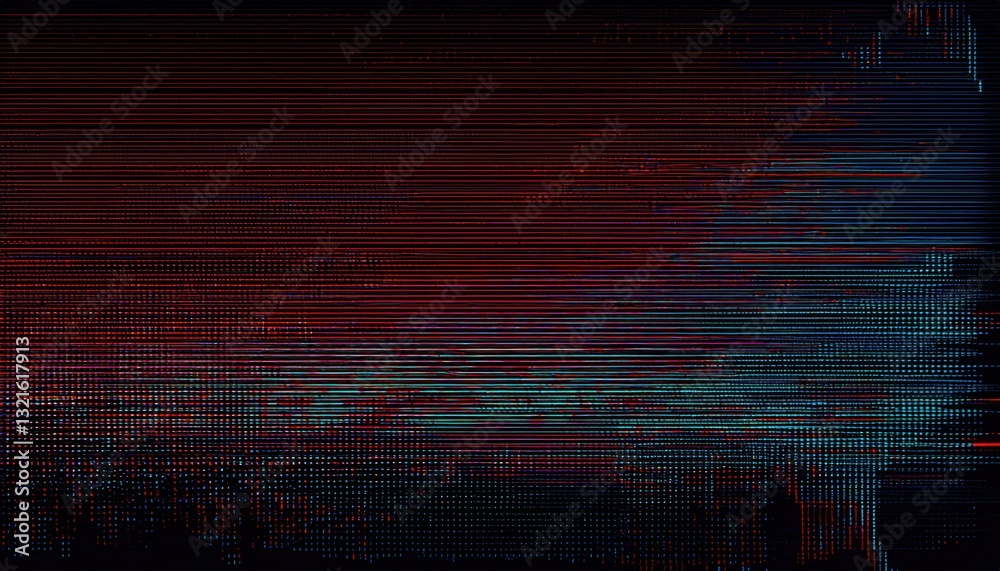 Poster glitched digital distortion with red and blue horizontal noise lines, futuristic cyberpunk aesthetic