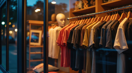 Stylish clothing display in boutique window at dusk, showcasing various t shirts