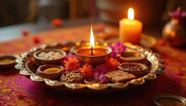 Diwali puja thali features sacred symbols, offerings. Lit diya lamp radiates light, flames. Flowers decoration, sweets, brass plate create peace atmosphere. Hindu tradition, Indian cultural heritage,