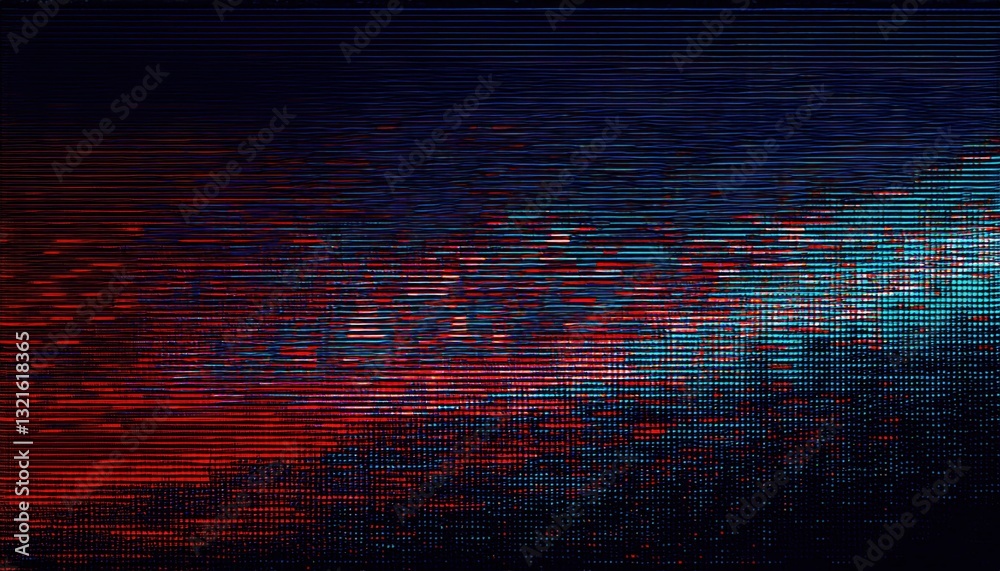 Poster glitched digital distortion with red and blue horizontal noise lines, futuristic cyberpunk aesthetic