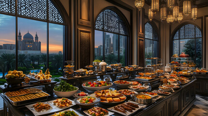 Lavish Buffet Spread with Mosque View at Sunset