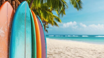 Colorful surfboards lined up on a tropical beach with palm trees, blue sky, and calm ocean waves creating a serene and adventurous setting for leisure and relaxation.