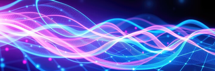Abstract blue background with lines, Digital grid lines, wavy technology lines, Futuristic Neon Light Waves on Digital Grid Background