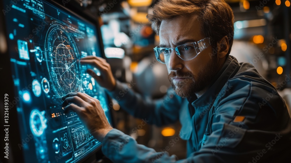 Poster A scientist is deeply focused on analyzing quantum data on a high-tech digital interface. The lab is filled with equipment related to quantum computing and molecular analysis.