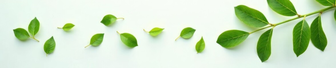 Fototapeta premium Delicate Acacia leaves scattered on a white surface, flora, green, nature
