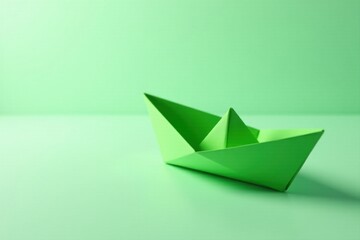 A Delicate Green Paper Boat on a Smooth Surface, Symbolizing Childhood Memories and Simple Pleasures