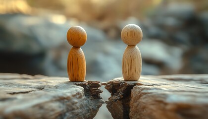 Two wooden figurines standing on separate platforms, connected by a broken bridge, symbolizing family division, warm tones, ultraHD realism, 8K depth