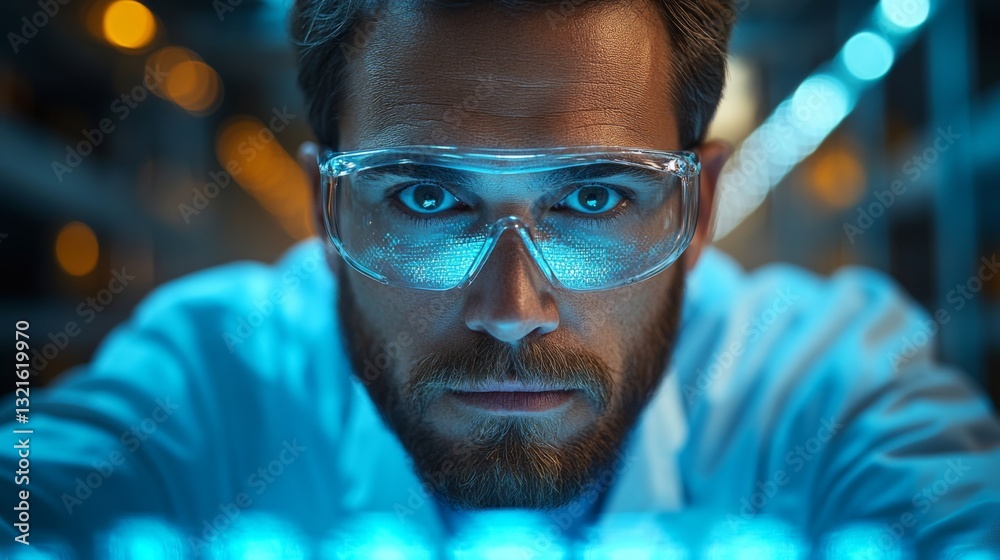 Poster A scientist conducts experiments focused on quantum mechanics concepts such as superposition and entanglement in a modern research laboratory.