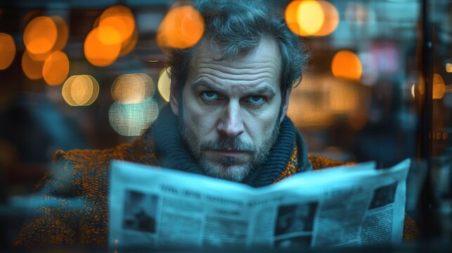 Moody portrait of a man reading a newspaper through a window with blurred city lights creating a contemplative atmosphere, capturing a moment of introspection in an urban setting.
