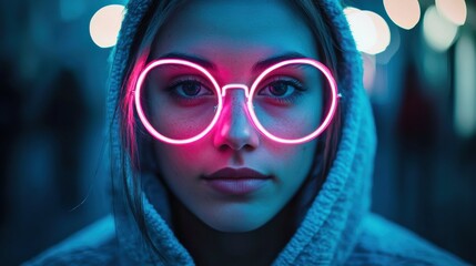 Portrait of a person wearing neon glasses in a dimly lit urban setting