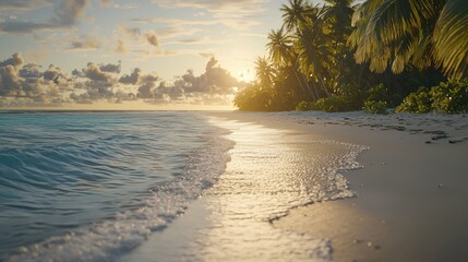 Serene tropical beach at sunset with gentle waves lapping the shore, palm trees swaying softly in the warm breeze, and a vibrant sky painted with hues of orange and pink.