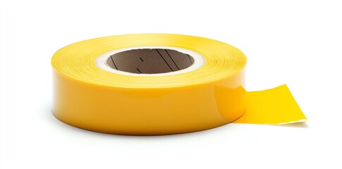 Roll of bright yellow tape isolated on white surface studio shot