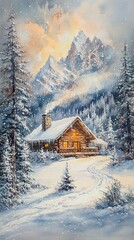 Quaint cabin nestled in snowy mountains, creating a serene winter wonderland escape.