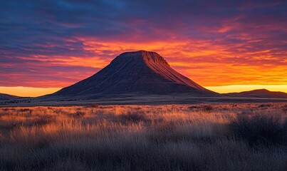 Spectacular sunset illuminates the majestic mountain peak landscape