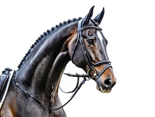 Fototapeta premium Horse in bridle posing against a plain background in daylight