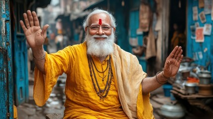 A joyful spiritual leader, dressed in bright yellow robes, welcomes visitors with open arms in a lively market. The busy streets are filled with colorful shops and people