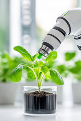 In a sleek laboratory, a robotic arm precisely delivers essential nutrients into seedlings, enhancing growth in a hydroponic environment filled with innovative technology