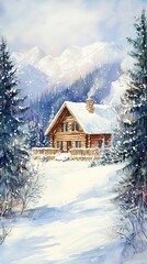 A peaceful winter scene featuring a cozy cabin surrounded by snow and mountains.