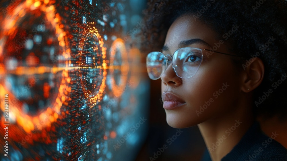 Fototapete A person observes a vivid display featuring quantum concepts like qubits, superposition, entanglement, and algorithms for data analysis. The setting appears high-tech and innovative.