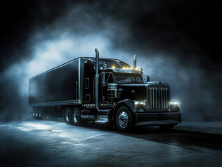 Black large truck in foggy night setting on deserted road
