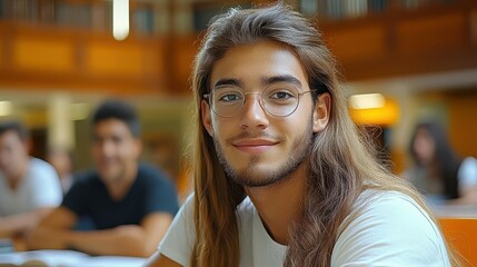 A young man with long hair and glasses smiles while studying in a spacious library full of books. Other students are engaged in their work in the background