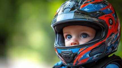 A young child gazes thoughtfully while wearing a vibrant motorcycle helmet. The background features blurred greenery, suggesting a warm, sunny day outdoors