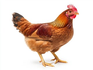 Fototapeta premium Brown hen standing on a white background in a domestic setting