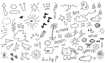 Doodle cute glitter pen line elements. Hand Drawn. Simple sketch line Vector illustration.