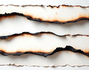 Fototapeta premium Burnt paper edges on white background. Fire damaged parchment frame texture, antique ripped cardboard with black soot stains for grunge design, abstract backgrounds. Charred, weathered, torn page