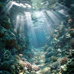 Underwater coral reef canyon, sunbeams, vibrant marine life, scenic view