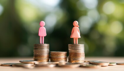 Gender pay gap, depicted by figurines on stacked coins
