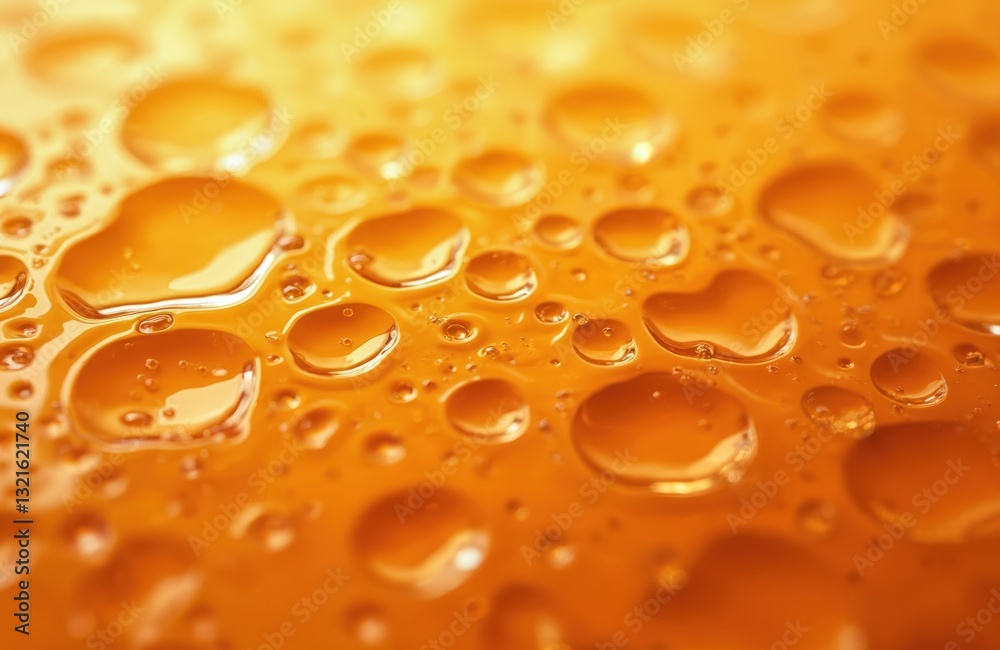 Fototapete close-up of orange fluid with round droplets. liquid with bubbles on surface create abstract texture
