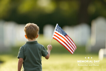 Child holding American flag, walking through cemetery honoring f
