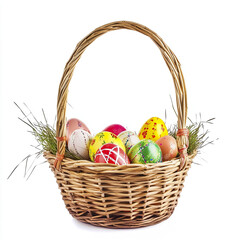 wicker basket filled with colorful Easter eggs and grass