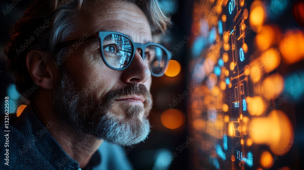 Poster A focused researcher analyzes complex quantum computing theories, including qubits and decoherence, while developing optimization algorithms for regression tasks.