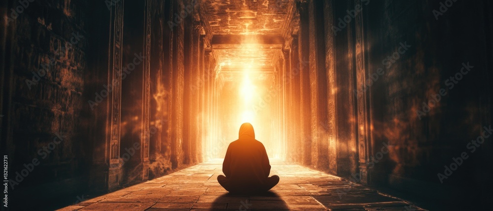 Poster a person sits alone in a dimly lit hallway, illuminated by a faint light at the end
