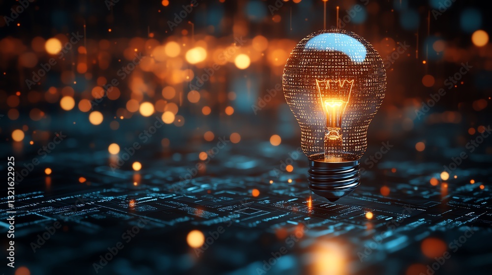 Leinwandbilder An illuminated light bulb representing innovation, surrounded by creative symbols like coding brackets, algorithms, and digital screens, glowing brightly on a hightech platform