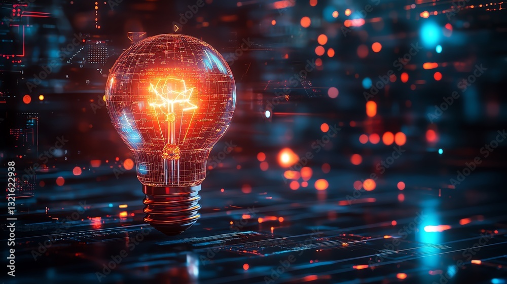 Poster An illuminated light bulb representing innovation, surrounded by creative symbols like coding brackets, algorithms, and digital screens, glowing brightly on a hightech platform