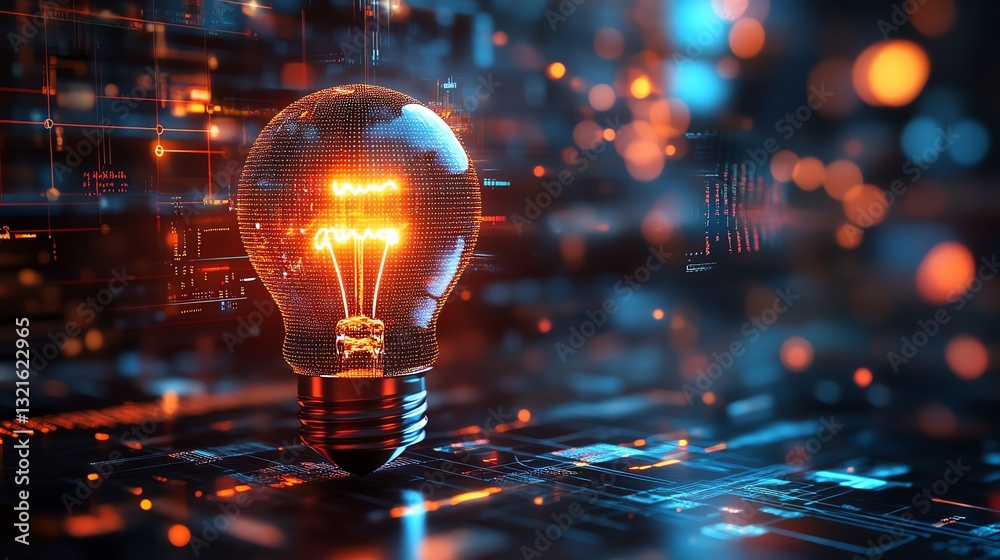Poster An illuminated light bulb representing innovation, surrounded by creative symbols like coding brackets, algorithms, and digital screens, glowing brightly on a hightech platform