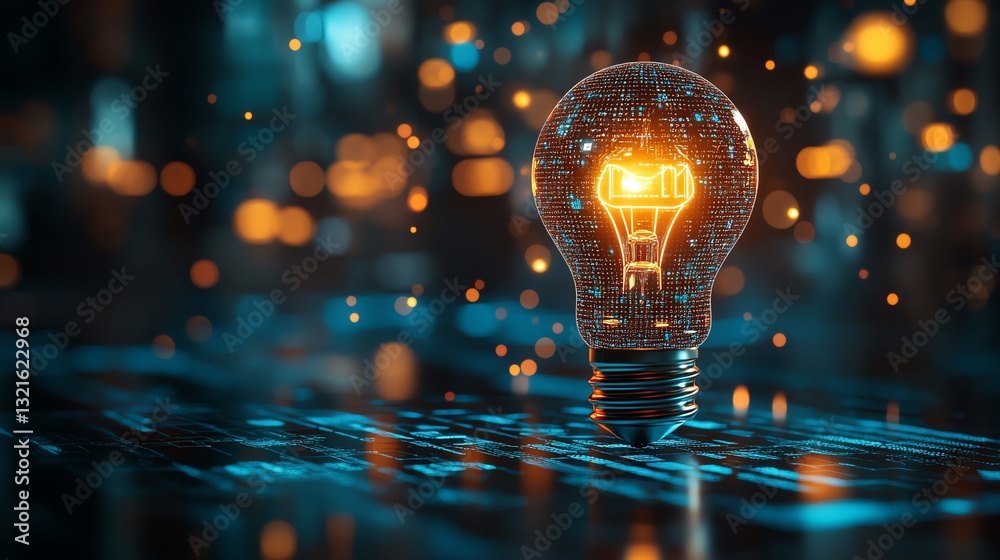 Poster An illuminated light bulb representing innovation, surrounded by creative symbols like coding brackets, algorithms, and digital screens, glowing brightly on a hightech platform