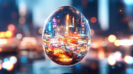 Reflective orb reveals vibrant city lights and bustling urban life in 4K quality