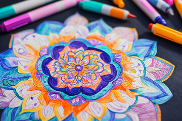Colorful mandala art with vibrant markers displayed on a black surface during an artistic session