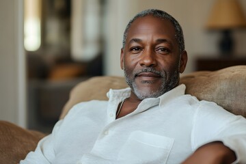 Obraz premium A mature man sitting on a couch and looking at the camera.