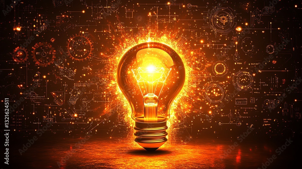 Aufkleber a glowing light bulb representing innovation surrounded by icons of gears, circuits, and light beams